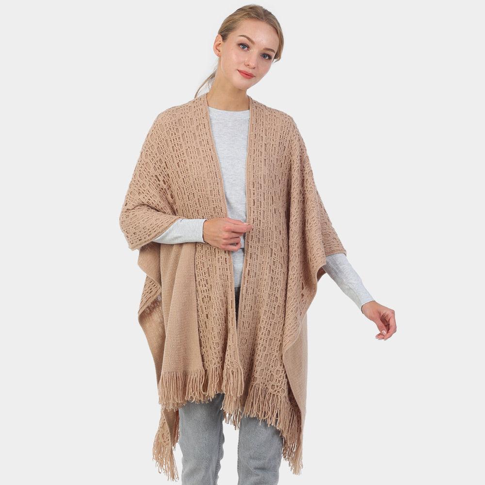 Taupe Cut Out Detailed Fringe Poncho - Jewelry Store by Erik Rayo