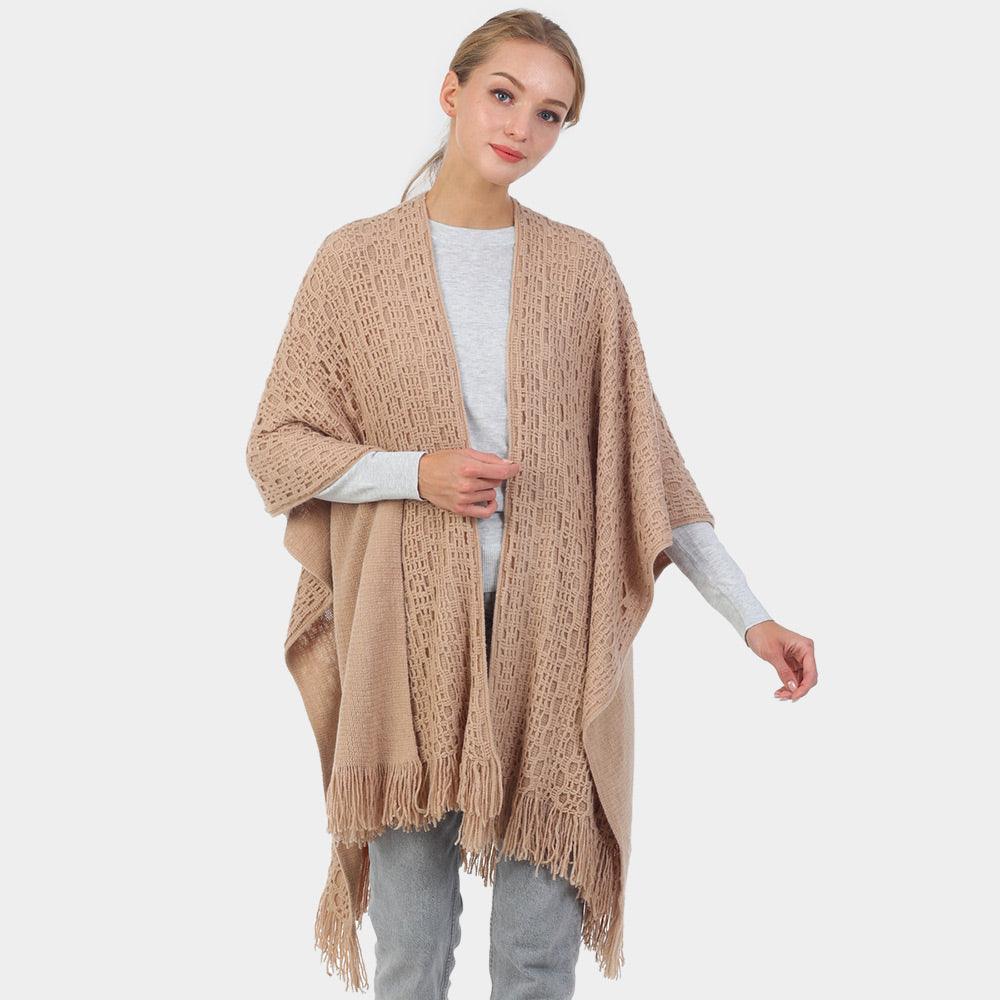 Taupe Cut Out Detailed Fringe Poncho