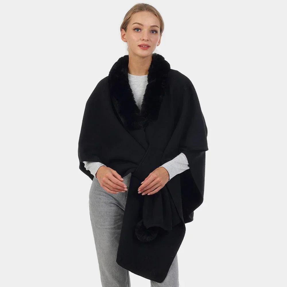 Black Faux Fur Collar Pom Pom Poncho - Jewelry Store by Erik Rayo