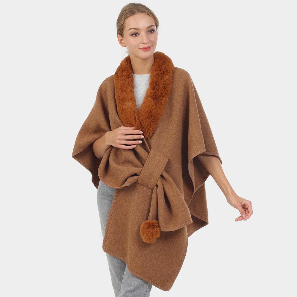 Camel Faux Fur Collar Pom Pom Poncho - Jewelry Store by Erik Rayo