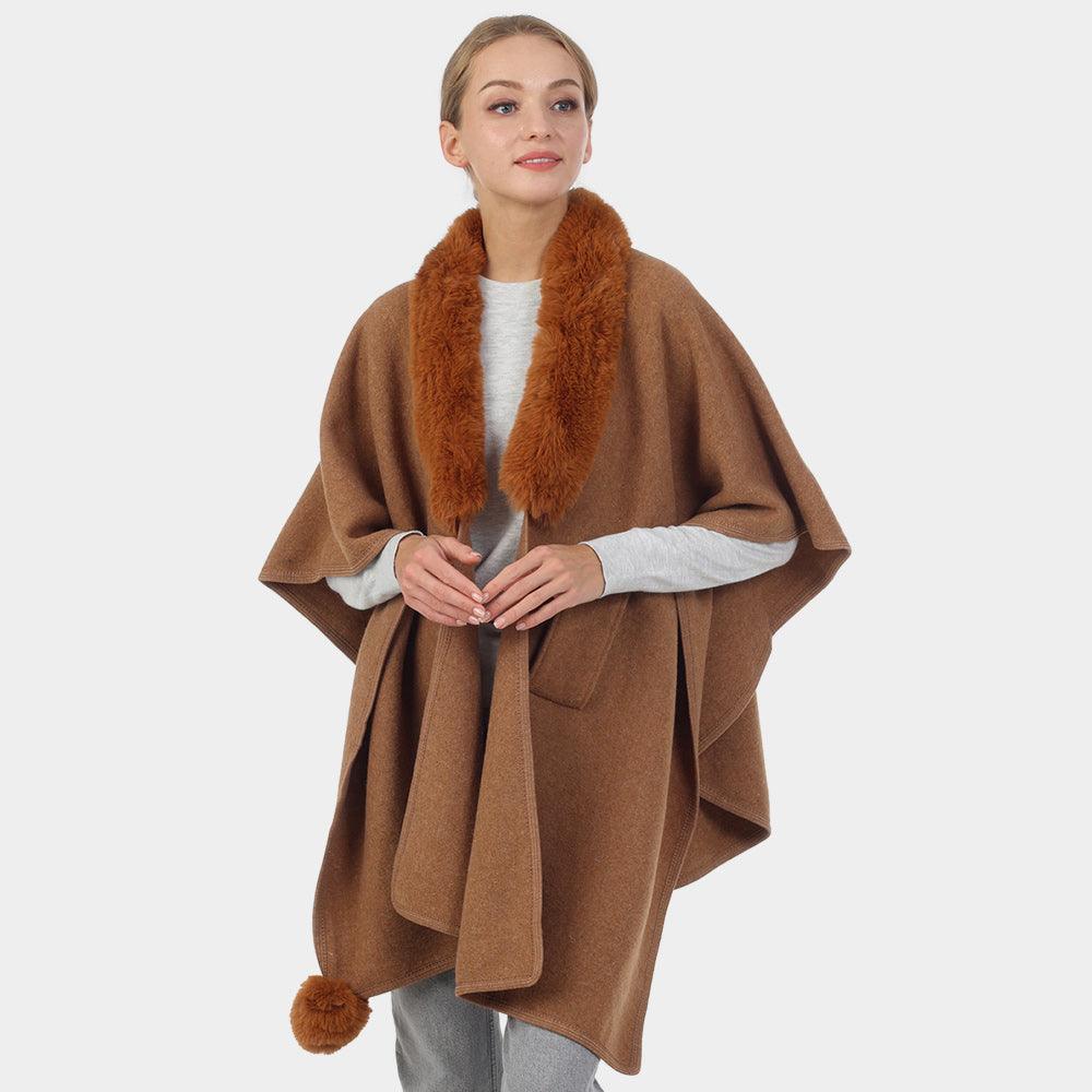 Camel Faux Fur Collar Pom Pom Poncho - Jewelry Store by Erik Rayo