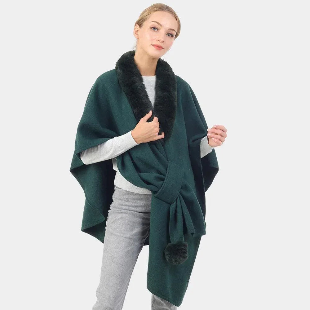 Teal Faux Fur Collar Pom Pom Poncho - Jewelry Store by Erik Rayo