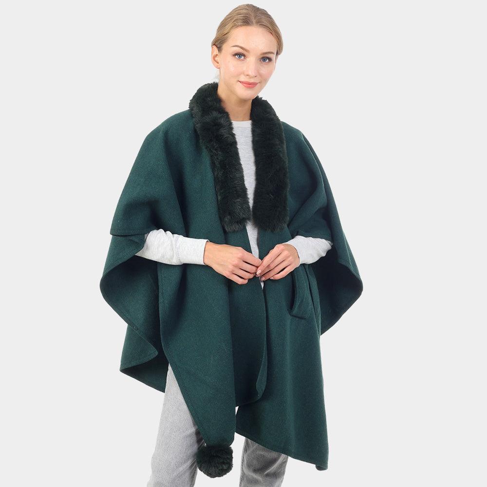 Teal Faux Fur Collar Pom Pom Poncho - Jewelry Store by Erik Rayo