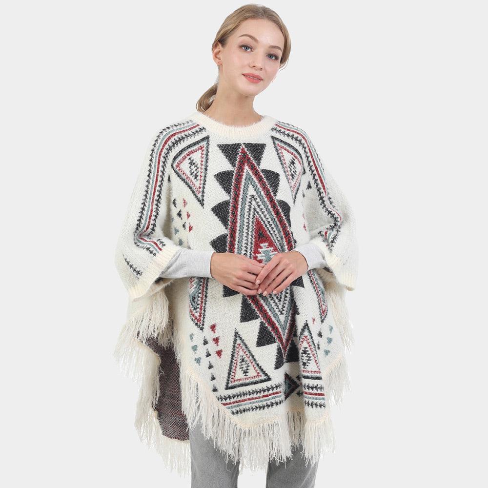 Ivory Boho Patterned Fringe Poncho - Jewelry Store by Erik Rayo