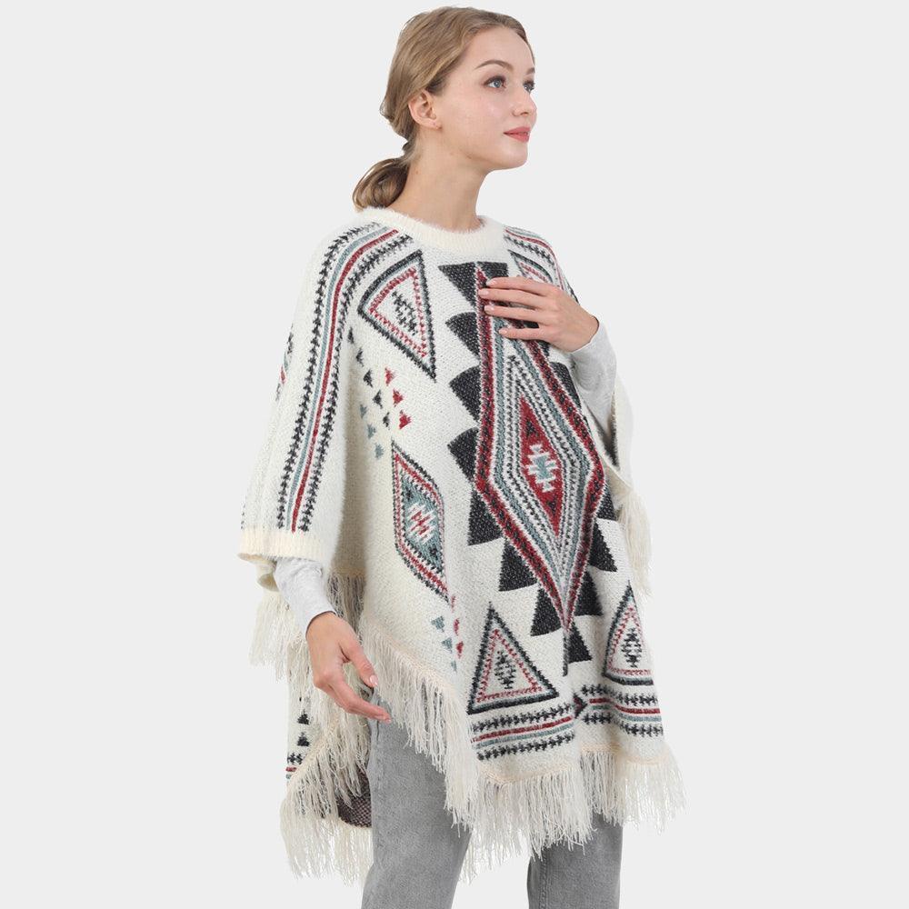 Ivory Boho Patterned Fringe Poncho - Jewelry Store by Erik Rayo