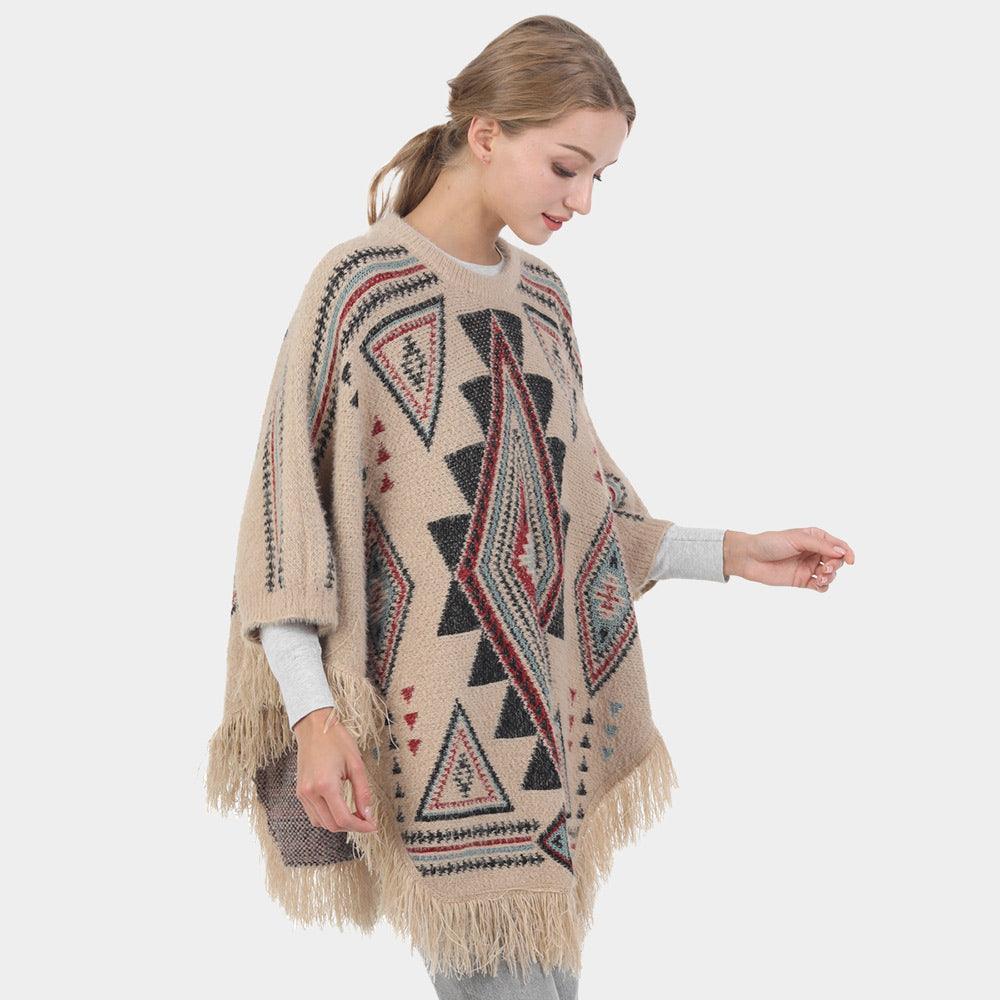 Taupe Boho Patterned Fringe Poncho - Jewelry Store by Erik Rayo