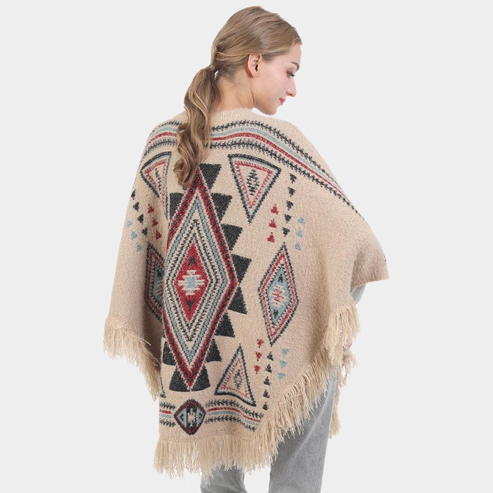 Taupe Boho Patterned Fringe Poncho - Jewelry Store by Erik Rayo