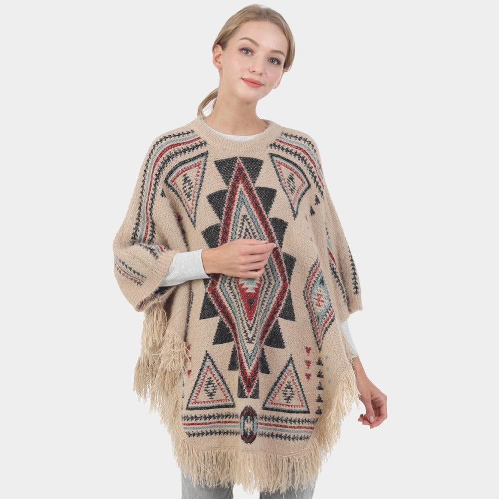 Taupe Boho Patterned Fringe Poncho - Jewelry Store by Erik Rayo