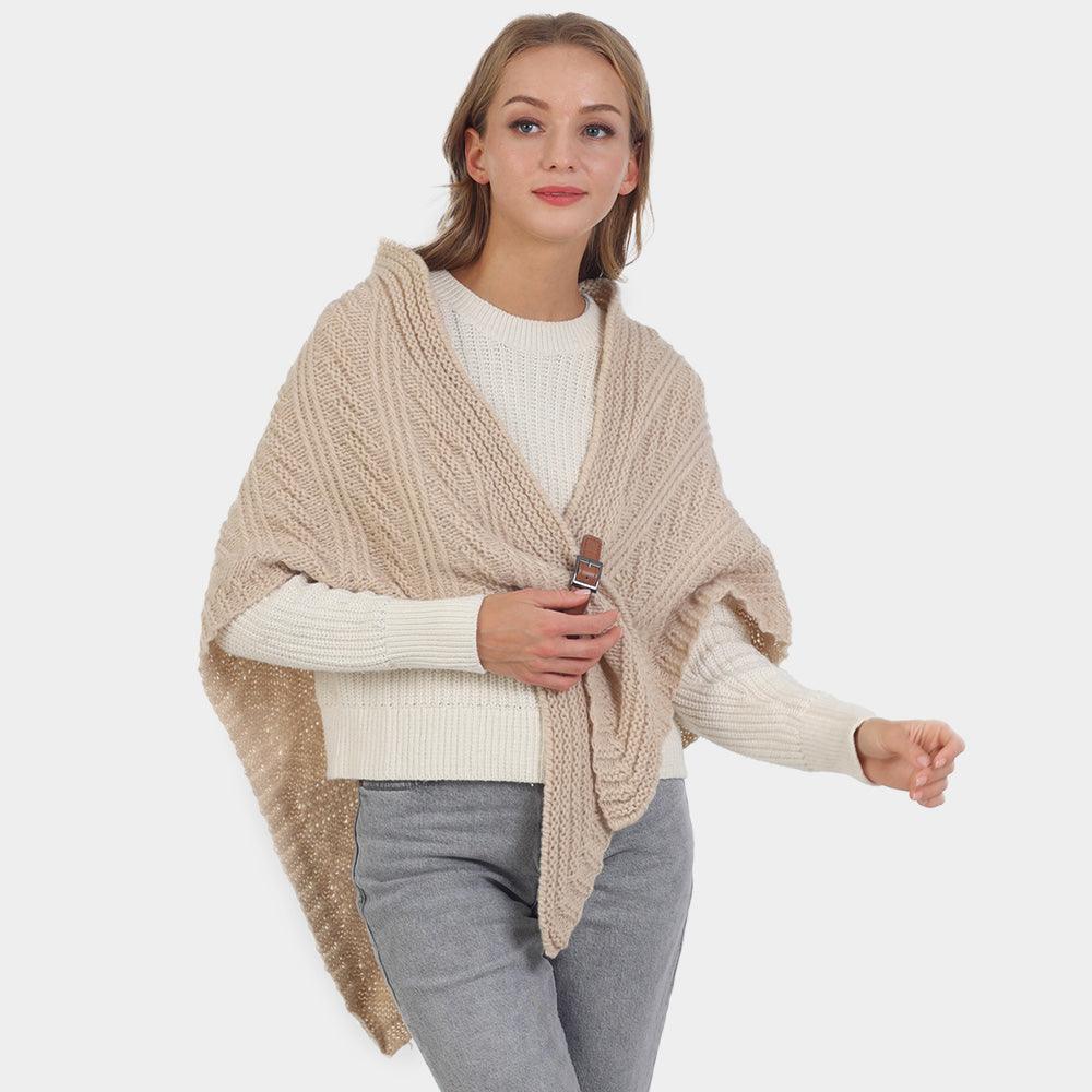 Beige Belt Pointed Knit Pull Through Cape Poncho - Jewelry Store by Erik Rayo