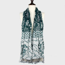 Load image into Gallery viewer, Teal Flower Print Polyester Fringe Scarf
