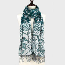 Load image into Gallery viewer, Teal Flower Print Polyester Fringe Scarf
