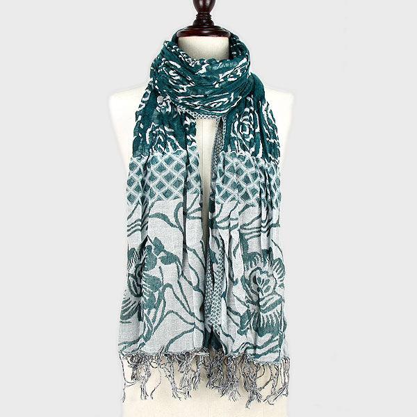 Teal Flower Print Polyester Fringe Scarf