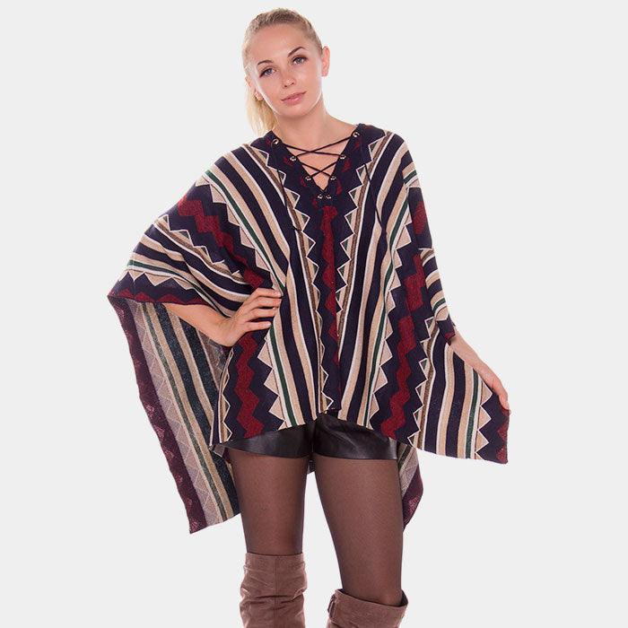 Navy Geometric stripe lace up detail poncho - Jewelry Store by Erik Rayo