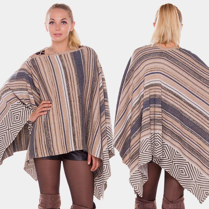 Khaki Geometric stripe lace up detail poncho - Jewelry Store by Erik Rayo