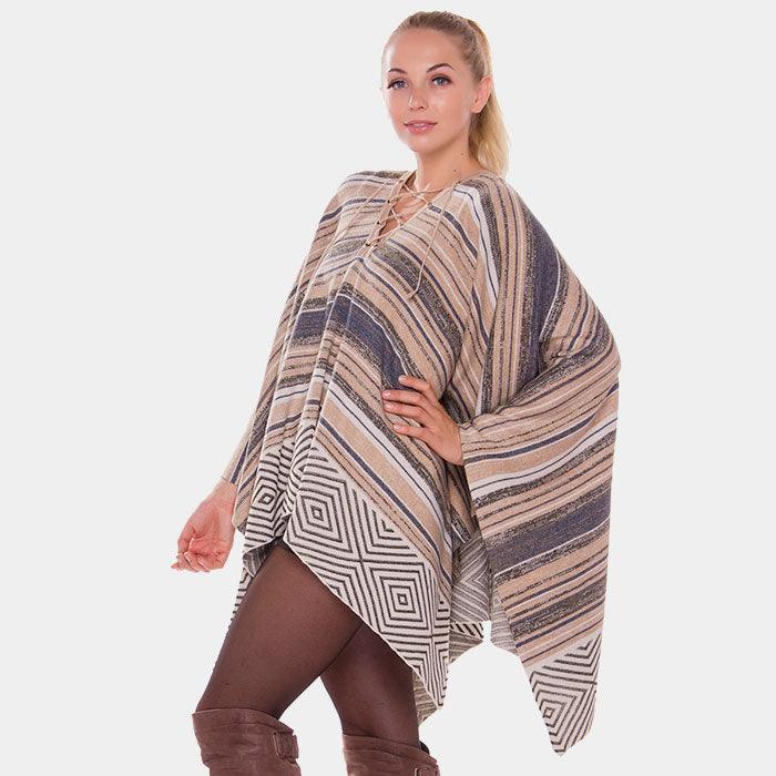 Khaki Geometric stripe lace up detail poncho - Jewelry Store by Erik Rayo