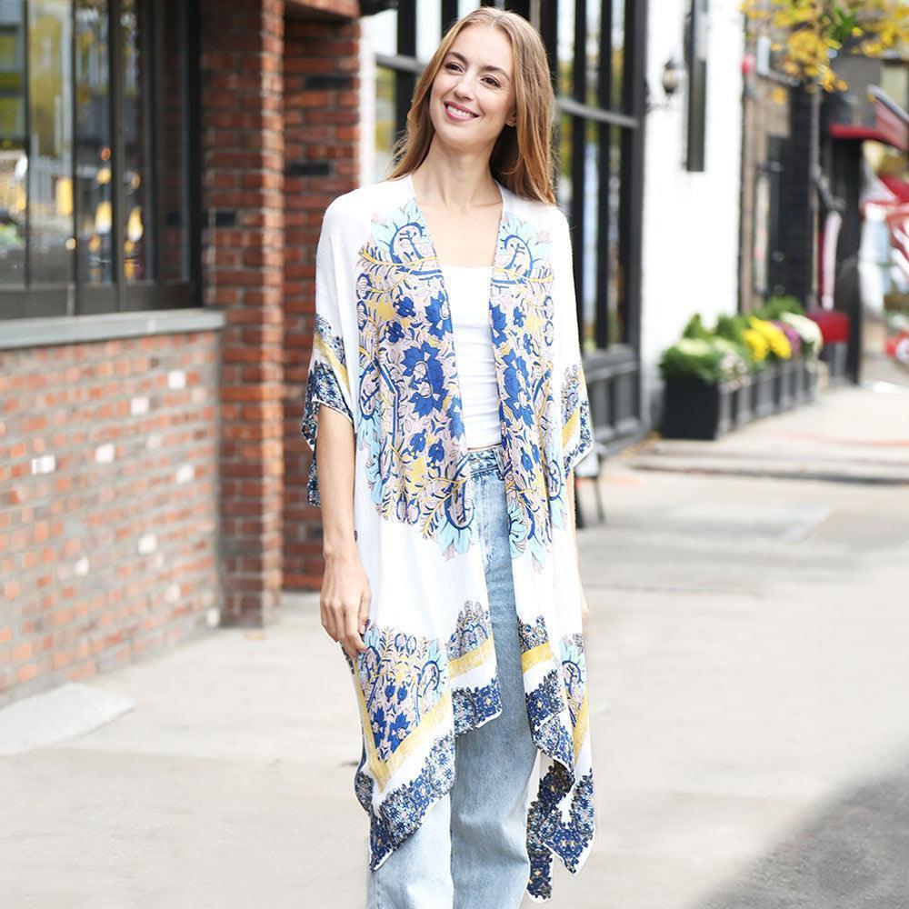 Ivory Mixed Floral Print Kimono Poncho - Jewelry Store by Erik Rayo