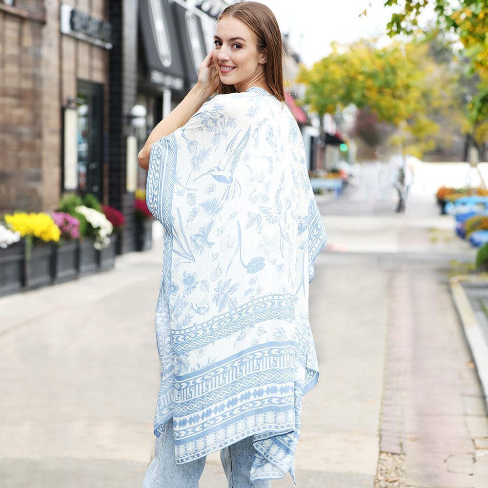 Blue Birds and Plants Mixed Print Kimono Poncho - Jewelry Store by Erik Rayo