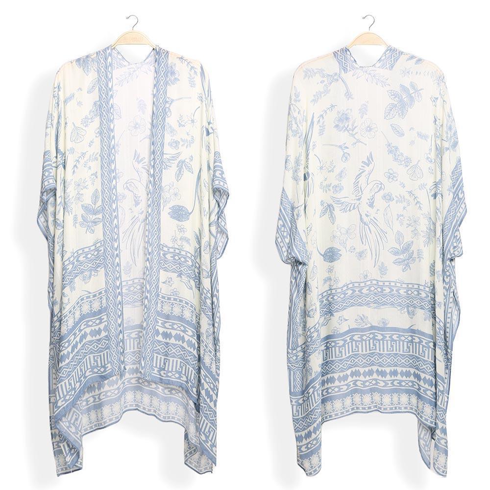 Blue Birds and Plants Mixed Print Kimono Poncho - Jewelry Store by Erik Rayo