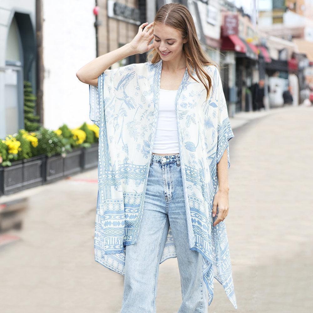 Blue Birds and Plants Mixed Print Kimono Poncho - Jewelry Store by Erik Rayo
