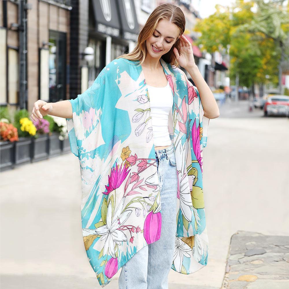 Teal Floral Print Kimono Poncho - Jewelry Store by Erik Rayo
