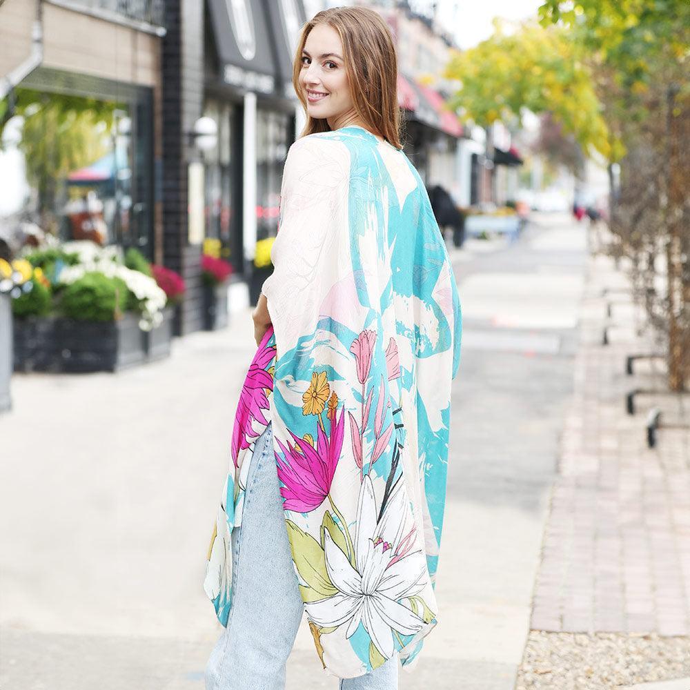 Teal Floral Print Kimono Poncho - Jewelry Store by Erik Rayo
