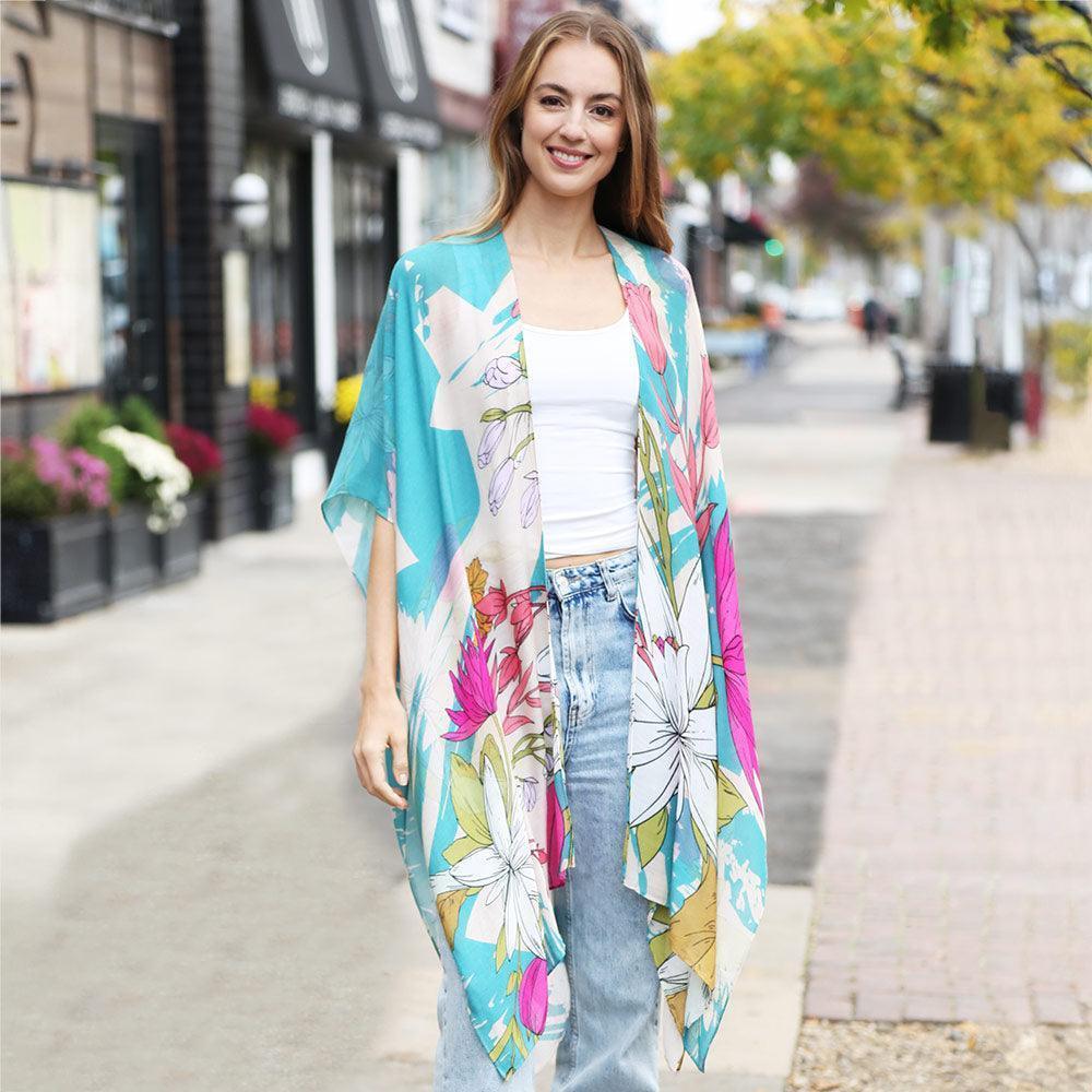 Teal Floral Print Kimono Poncho - Jewelry Store by Erik Rayo