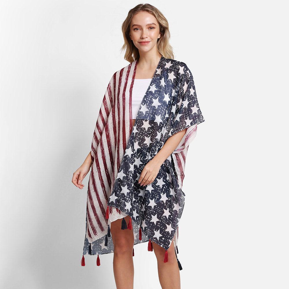 Red American USA Flag Cover Up Kimono Poncho - Jewelry Store by Erik Rayo