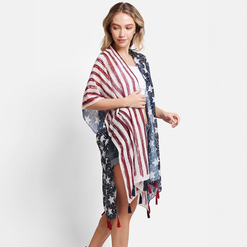 Red American USA Flag Cover Up Kimono Poncho - Jewelry Store by Erik Rayo