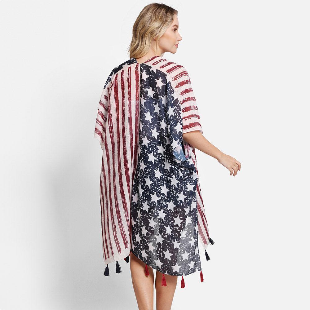 Red American USA Flag Cover Up Kimono Poncho - Jewelry Store by Erik Rayo