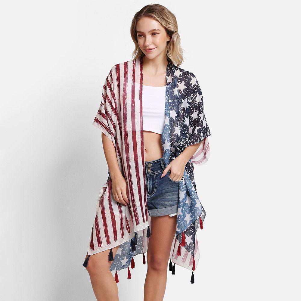 Red American USA Flag Cover Up Kimono Poncho - Jewelry Store by Erik Rayo