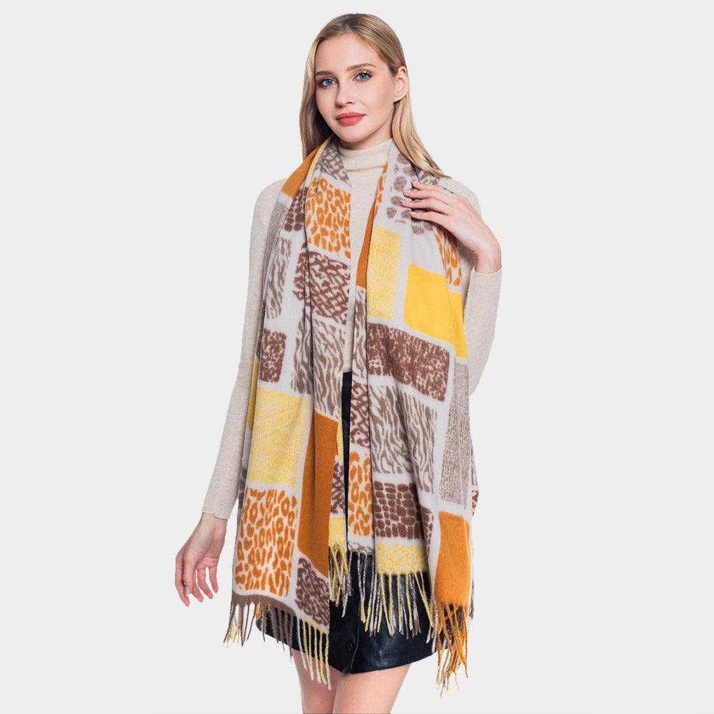 Mustard Animals Patterned Oblong Scarf