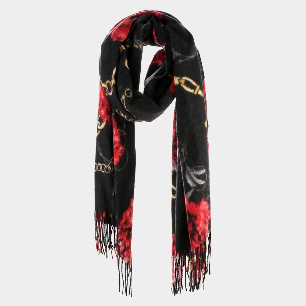Black Flower Chain Print Tassel Oblong Scarf - Jewelry Store by Erik Rayo