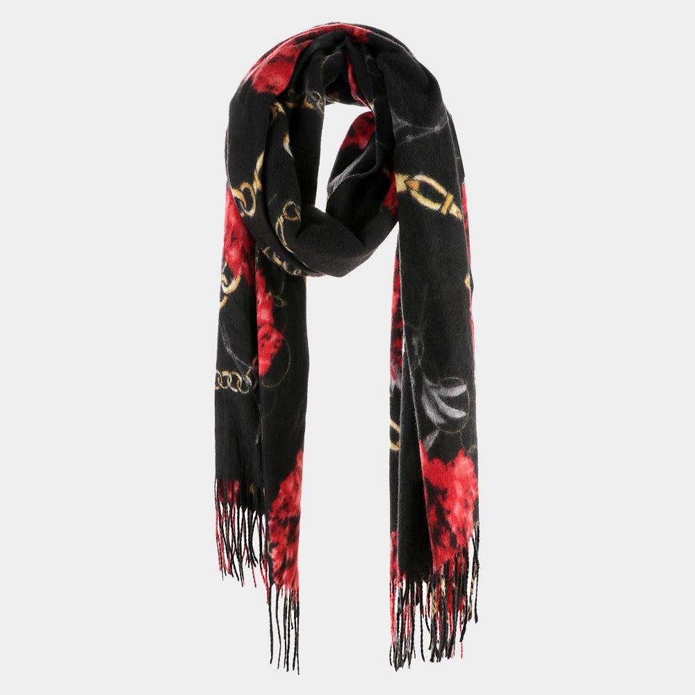 Black Flower Chain Print Tassel Oblong Scarf