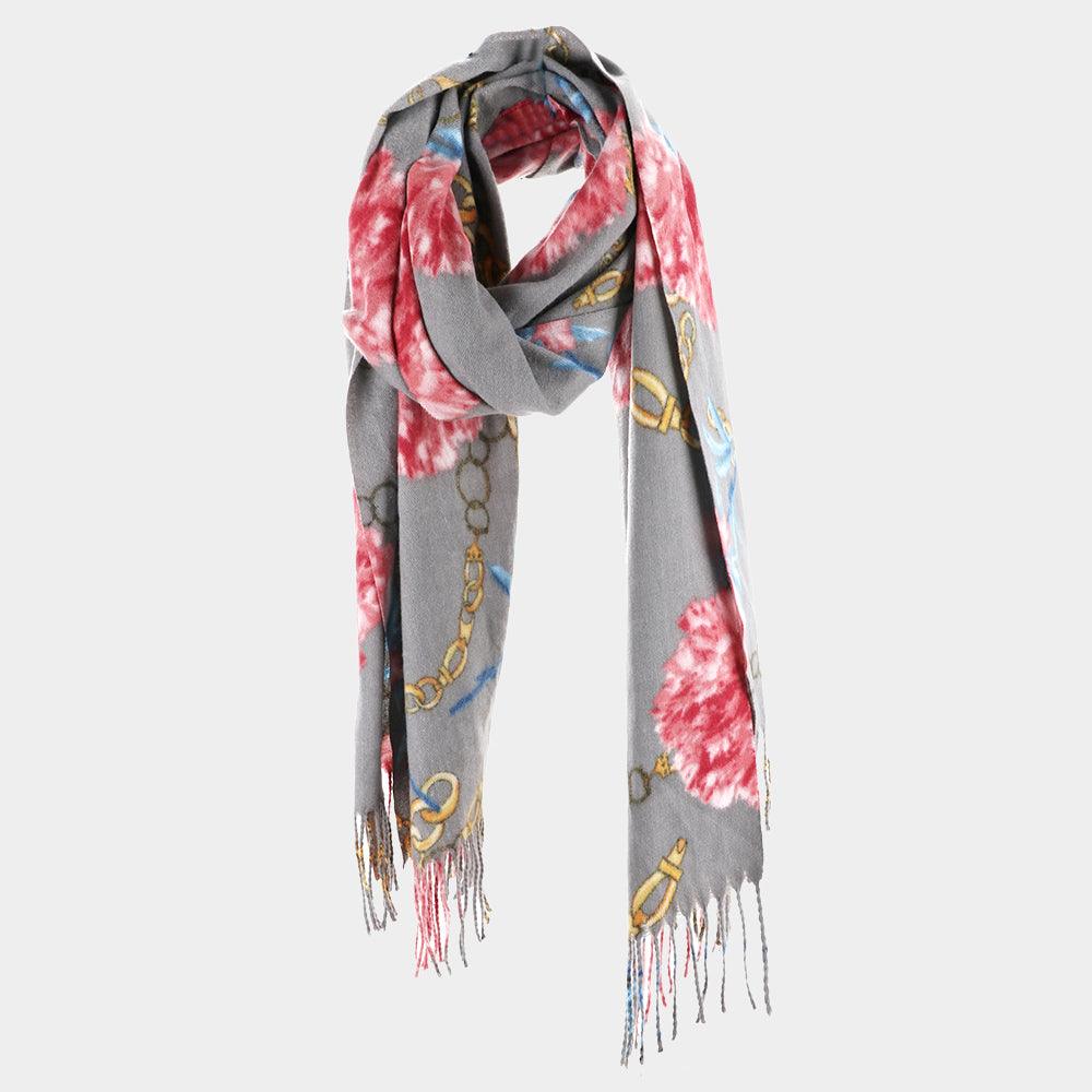 Gray Flower Chain Print Tassel Oblong Scarf