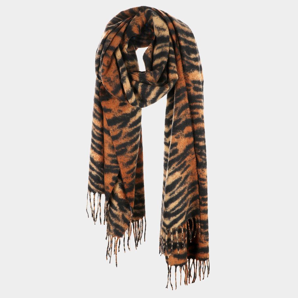 Brown Animal Print Tassel Oblong Scarf