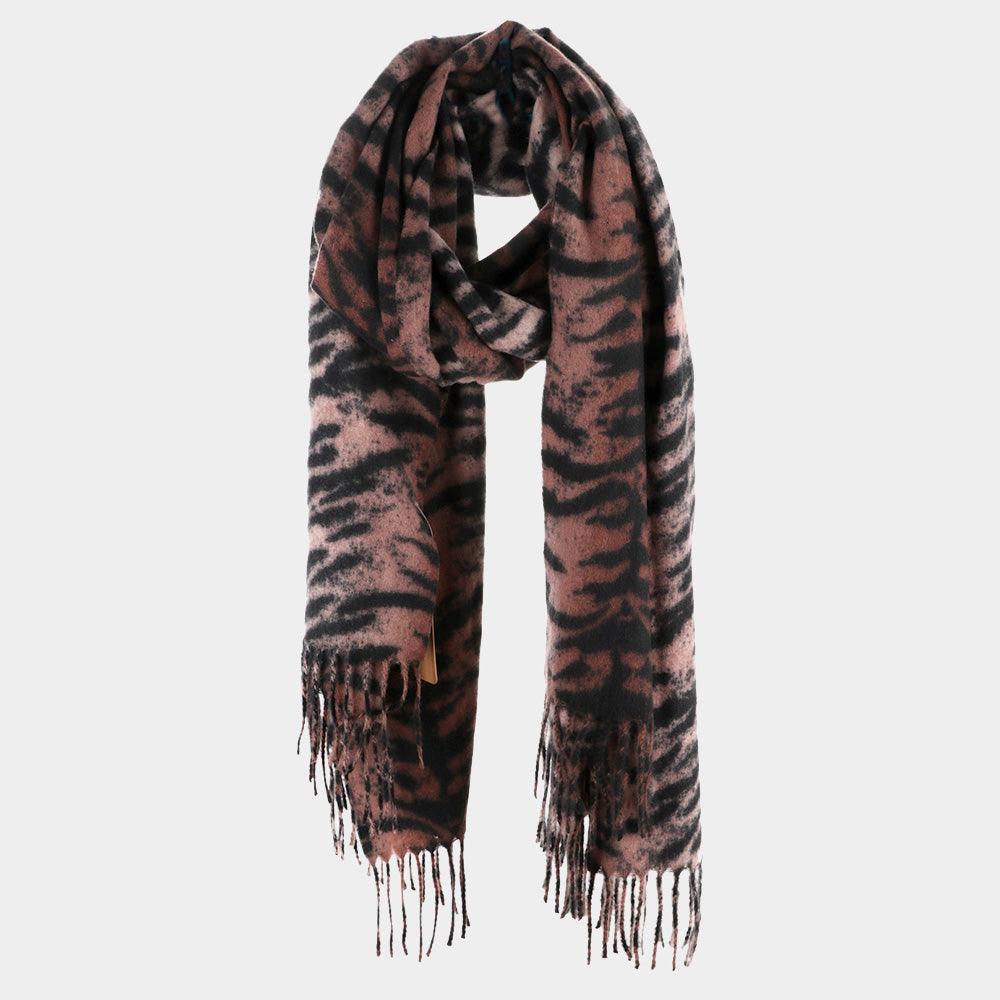 Khaki Animal Print Tassel Oblong Scarf