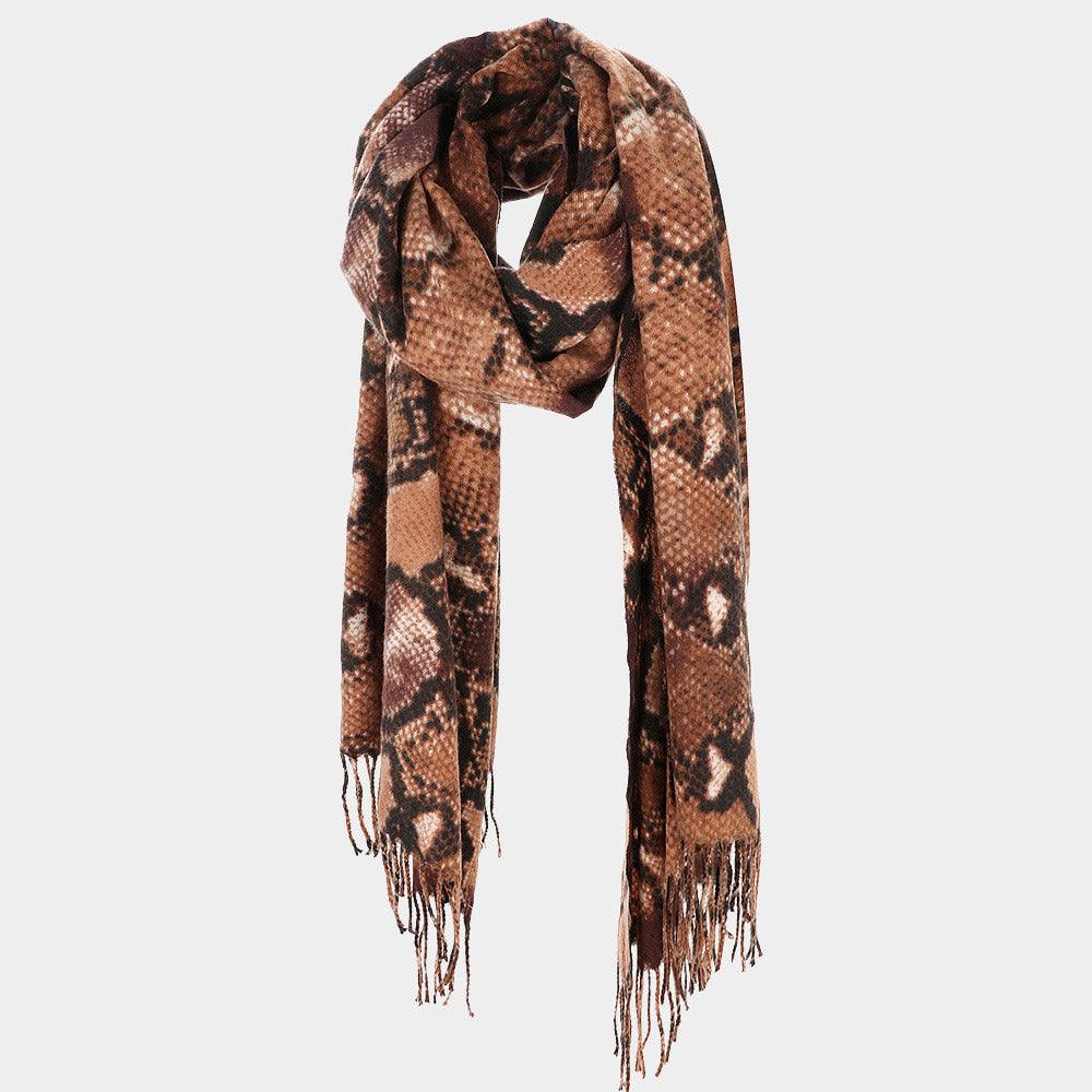 Brown Snake Skin Print Tassel Oblong Scarf