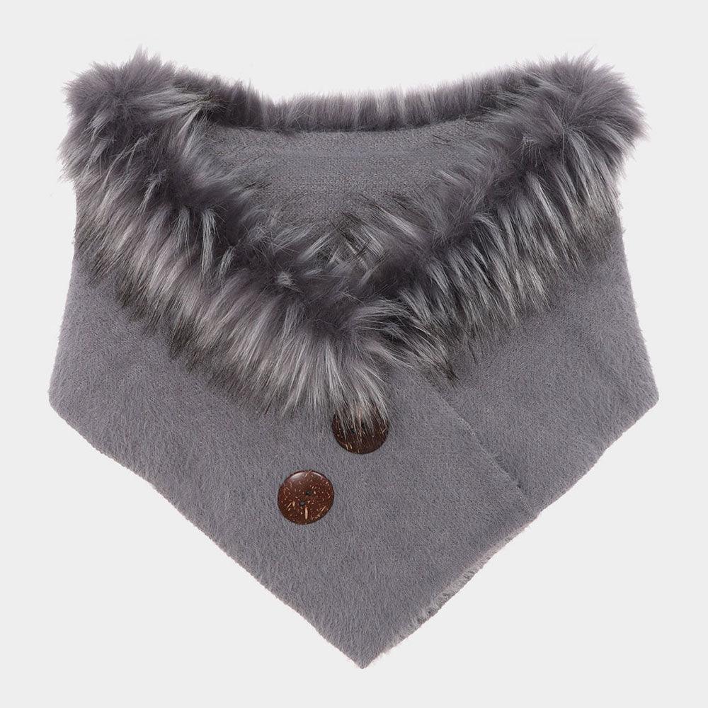Gray Solid Faux Fur Collar Double Button Detail Scarf - Jewelry Store by Erik Rayo