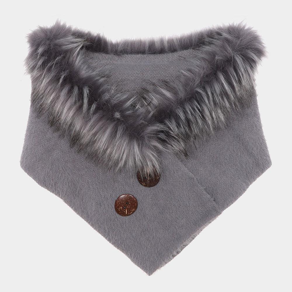 Gray Solid Faux Fur Collar Double Button Detail Scarf