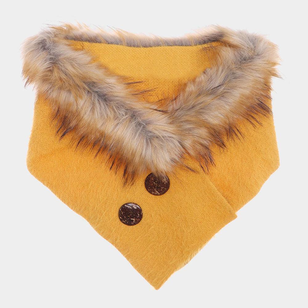 Mustard Solid Faux Fur Collar Double Button Detail Scarf