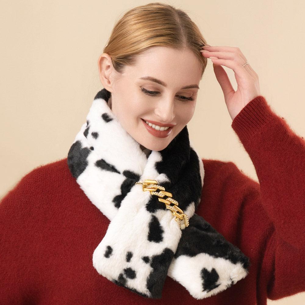 White Faux Fur Cow Patterned Chain Pull Through Scarf - Jewelry Store by Erik Rayo
