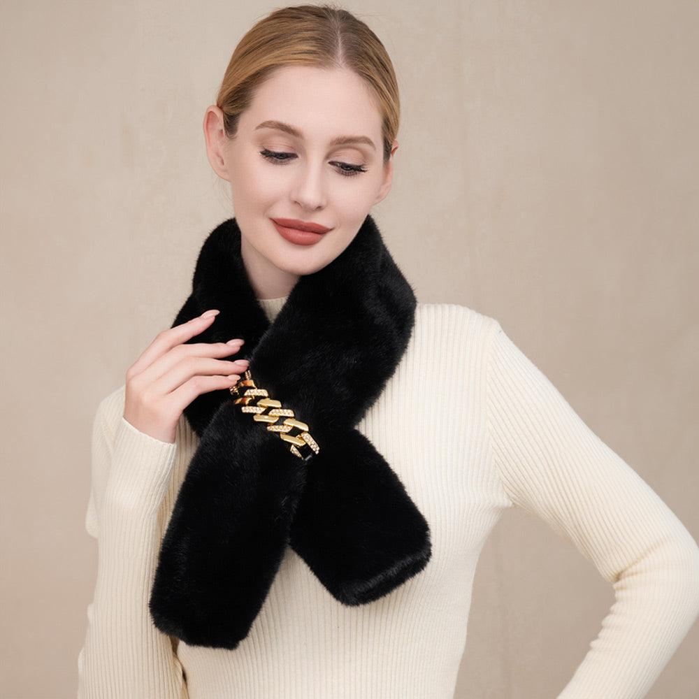 Black Solid Faux Fur Chain Pull Through Scarf