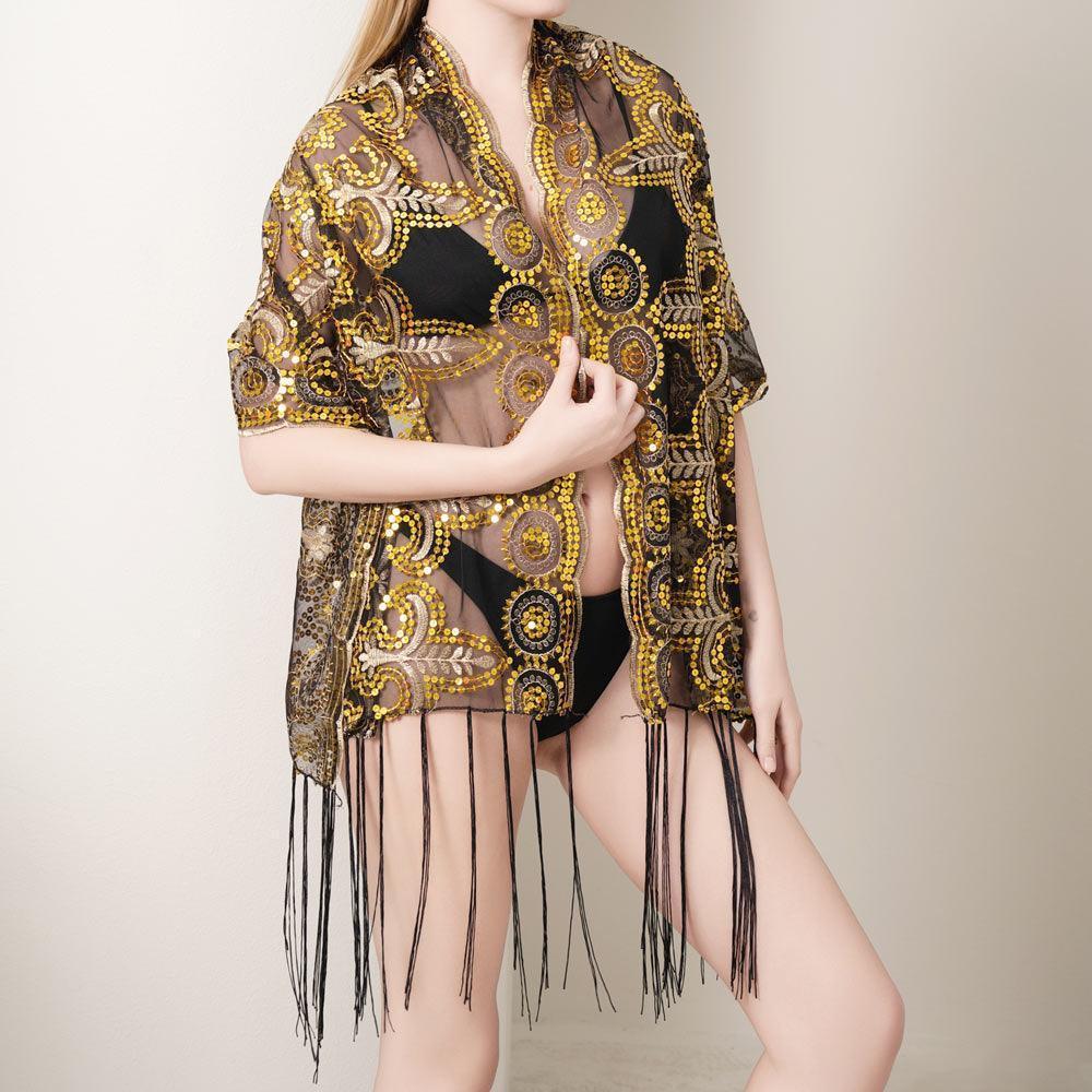 Gold Sheer Sequin Beaded Shawl Wrap Scarf - Jewelry Store by Erik Rayo