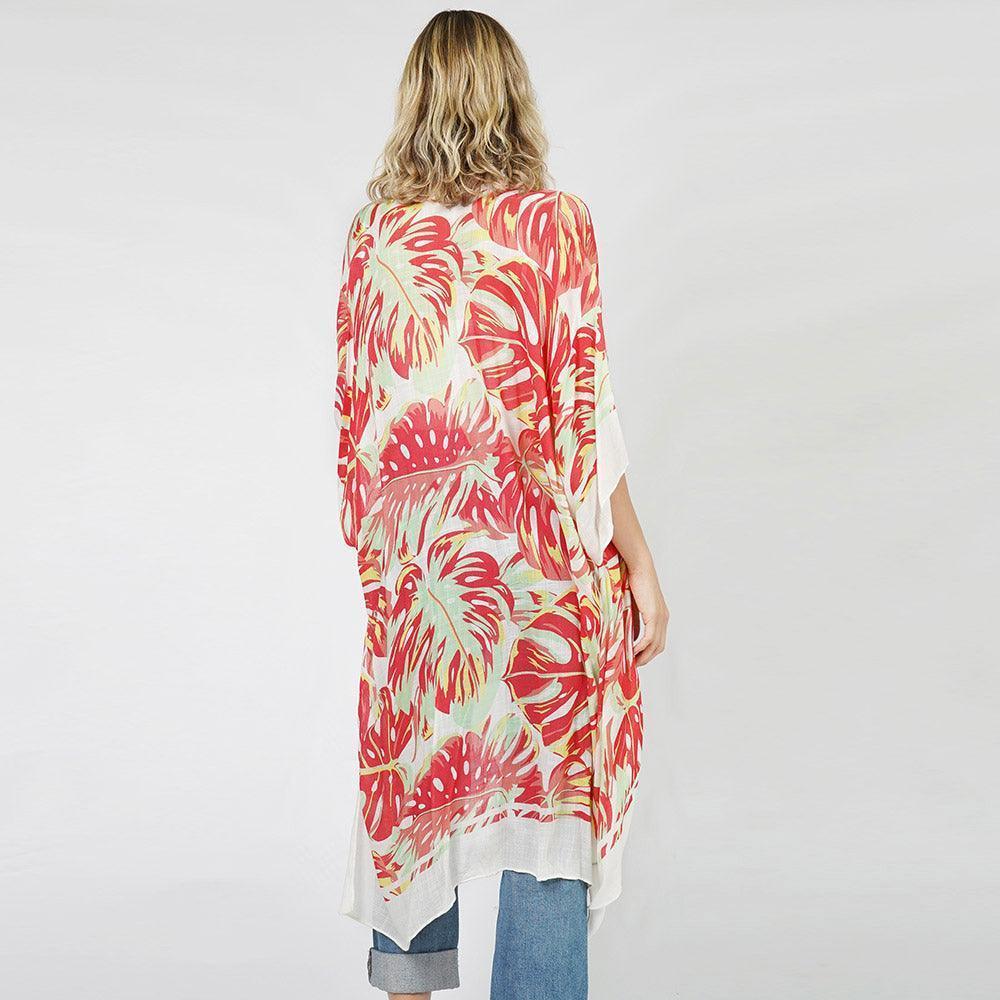 Coral Tropical Leaf Printed Cover Up Kimono Poncho - Jewelry Store by Erik Rayo