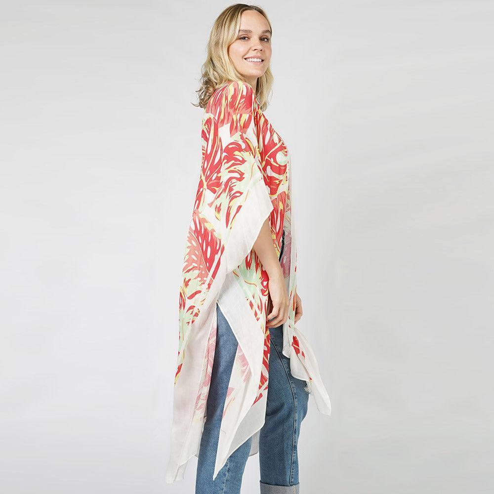 Coral Tropical Leaf Printed Cover Up Kimono Poncho - Jewelry Store by Erik Rayo