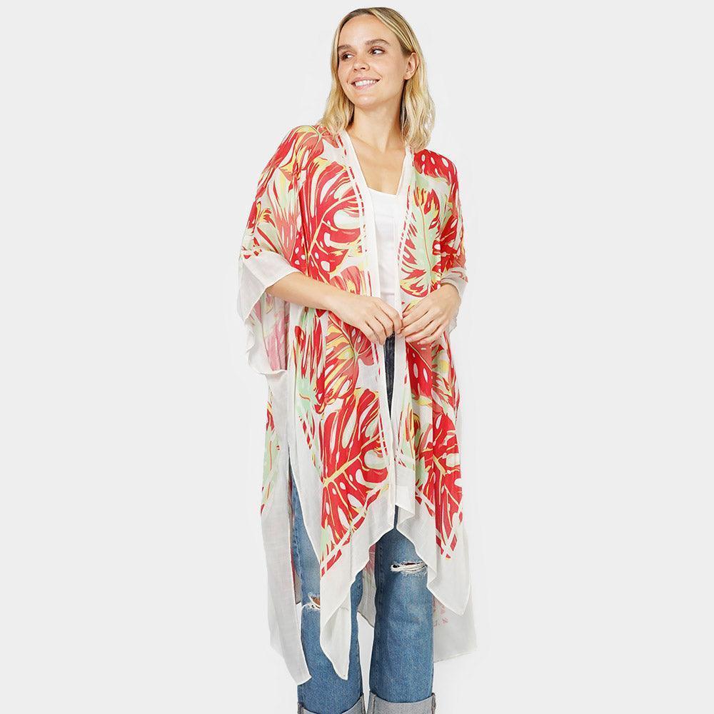 Coral Tropical Leaf Printed Cover Up Kimono Poncho - Jewelry Store by Erik Rayo