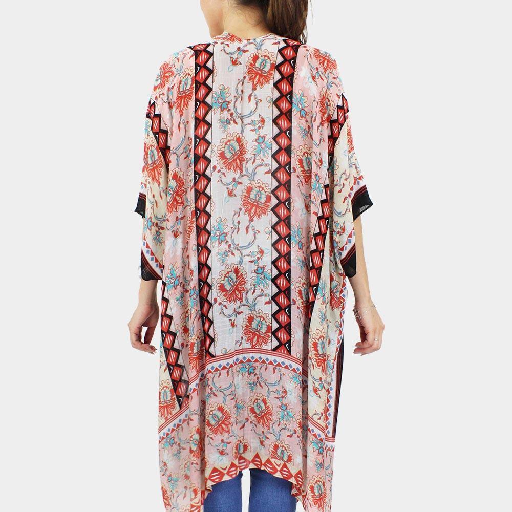 Pink Flower Printed Cover Up Kimono Poncho - Jewelry Store by Erik Rayo