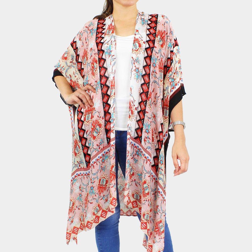 Pink Flower Printed Cover Up Kimono Poncho - Jewelry Store by Erik Rayo