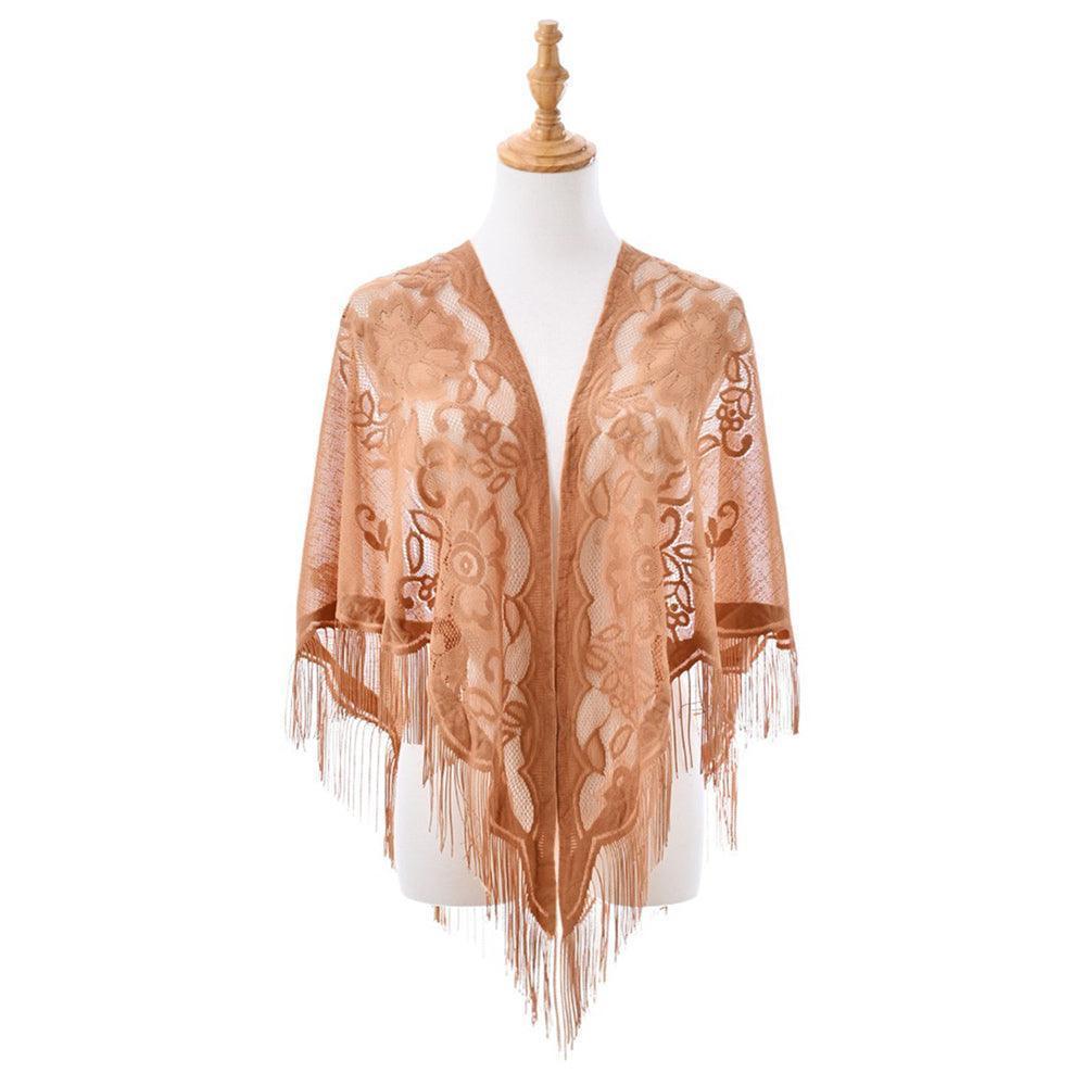 Tan Sheer Flower Lace Tassel Shawl Wrap Poncho - Jewelry Store by Erik Rayo