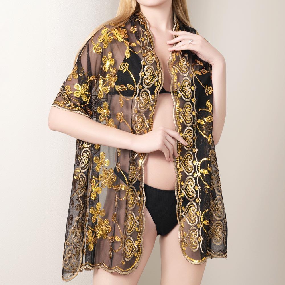Gold Sheer Sequin Beaded Shawl Wrap Scarf - Jewelry Store by Erik Rayo